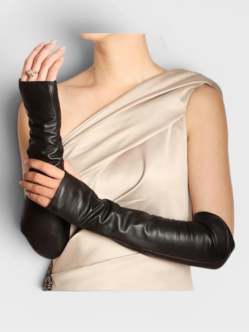 Hilts Willard Long Leather Fingerless Gloves Above Elbow Silk Lined M Black